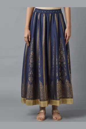 Elleven Women Blue & Gold-Coloured Printed Flared Maxi Skirt