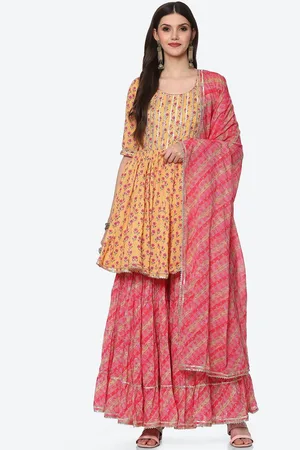 Biba Women Yellow Floral Printed Kurta with Sharara & With Dupatta