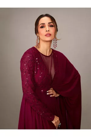 Inddus Women Maroon Floral Elevated Gown