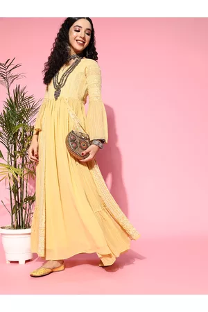 Kvsfab Women Yellow Ethnic Motifs Print Parade Dress