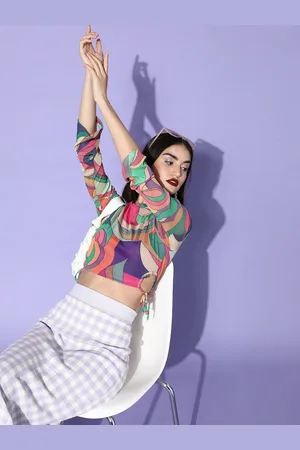 KASSUALLY Women Multi-coloured Abstract Cropped Top