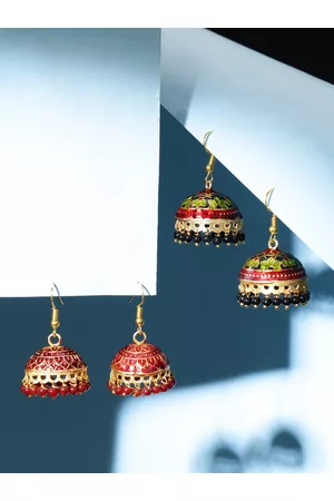 Yellow Chimes Woman Set of 2 Red and Black Meenakari Jhumka Earrings
