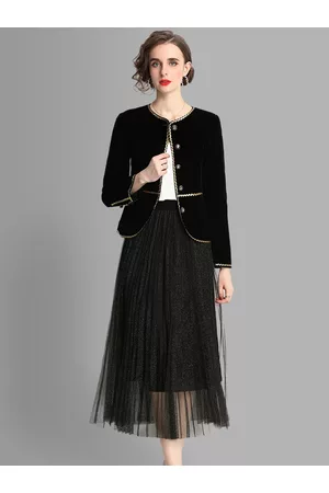 JC Collection Women Black & Golden Coat with Skirt Co-Ords Set
