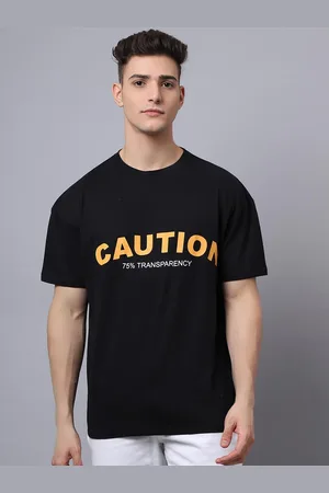 DOOR74 Men Black Typography Applique Loose T-shirt