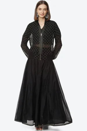 Rangriti Women Black Printed Pleated Top with Skirt