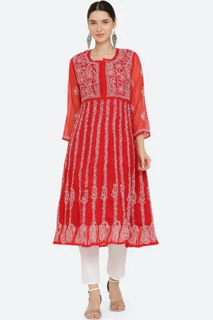 FAWOMENT Women Red Ethnic Motifs Embroidered Chikankari Georgette Kurta
