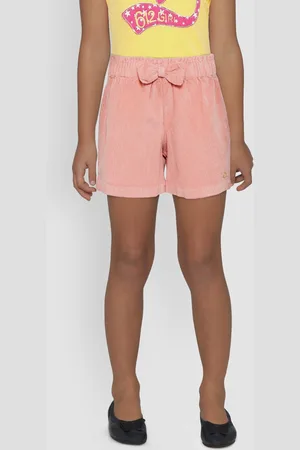 Gini and Jony Girls Peach-Coloured Solid Regular Fit Corduroy Shorts