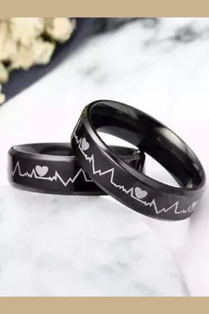 University Silver-Plated Heart Beat Engraved Couple Rings