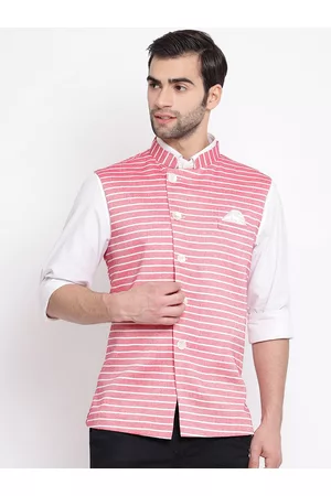 Vastramay Men Red & White Striped Slim-Fit Nehru Jacket