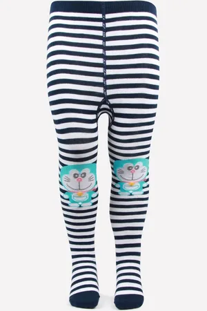Bonjour Girls Navy Blue & White Striped Doraemon Anti-Odour Knitted Tights