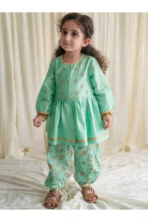 Tiber Taber Girls Green Floral Embroidered Chanderi Silk Kurta with Salwar