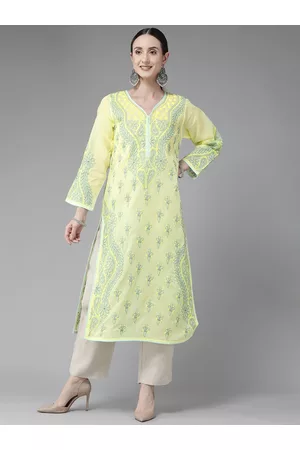 ADAM Co. Women Yellow & Green Floral Embroidered Chikankari Kurta
