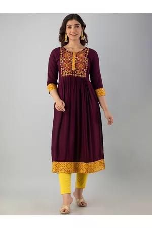 Charu Women Violet & Mustard Yellow Thread Work Anarkali Kurta
