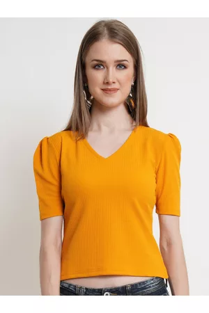Popwings Women Mustard Yellow Self Design Crop Top