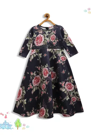 Ahalyaa Girls Navy Blue & Pink Floral Printed A-line Kurta