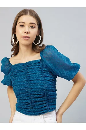 Rare Fashion Women Teal Self Design Regular Crop Top