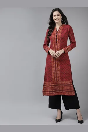 Cayman Women Maroon Geometric Printed Woollen Kurta