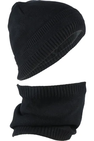 iSWEVEN Black Woolen Beanie with Neck Warmer Scarf