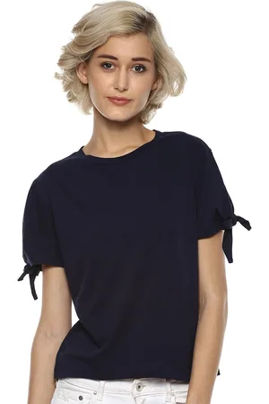 Harpa Women Navy Solid Pure Cotton Top