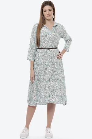 Rangriti Sea Green & Off White Floral Ethnic A-Line Midi Dress