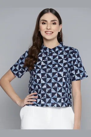 HERE&NOW Navy Blue & White Geometric Print Shirt Style Pure Cotton Top