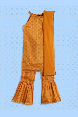 HERE&NOW Girls Orange Ethnic Motifs Printed Kurta with Sharara & With Dupatta