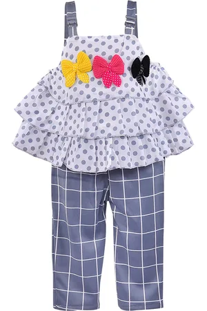 Wish Karo Girls Grey & White Printed Layered Top with Trousers