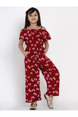 Bhama Girls Maroon & Pink Printed Basic Jumpsuit