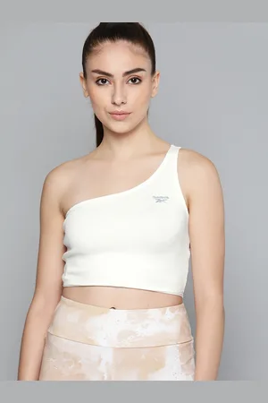 Reebok Women White Wide Ribbed Solid One-Shoulder Cropped Athelisure Top