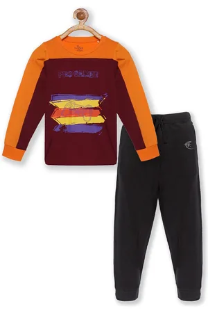 KiddoPanti Boys Brown & Black Printed Pure Cotton T-shirt & Track Pant