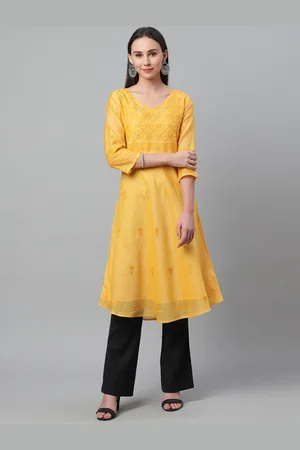 akheri Women Yellow Chikankari Embroidered A-Line Kurta