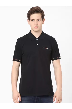 Celio Men Black Polo Collar Regular Fit Cotton T-shirt