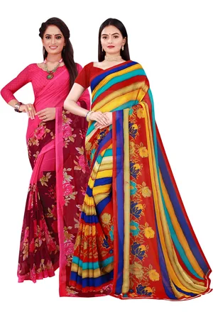 Florence Pack Of 2 Magenta & Red Printed Pure Georgette Saree With Unstitched Blouse Piece