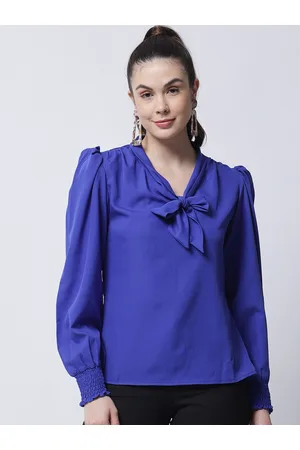 MARC LOUIS Women Blue Tie-Up Neck Crepe Top