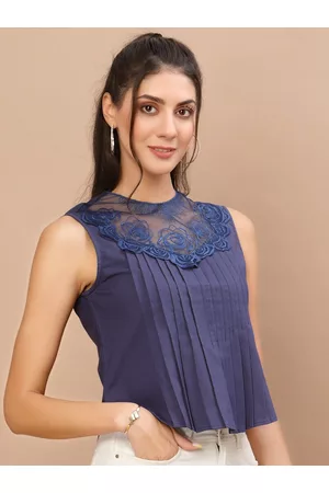 KASSUALLY Women Navy Blue Pintuck Top