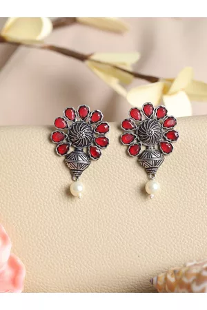 Priyaasi Silver-Plated & Red Floral Drop Earrings