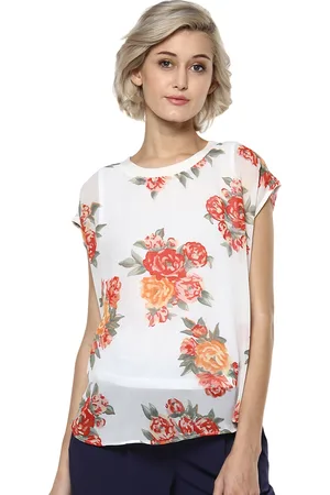 Harpa Women Off-White Floral Print Semi-Sheer Boxy Top