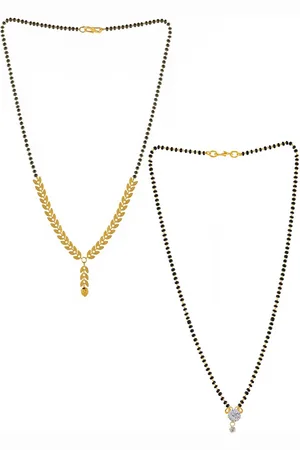 Brandsoon Set Of 2 Gold-Plated White Stone Studded Black Beaded Mangalsutra