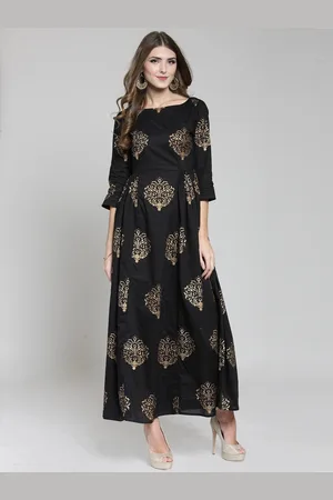 Sera Black & Gold Coloured Ethnic Motifs Ethnic Maxi Dress