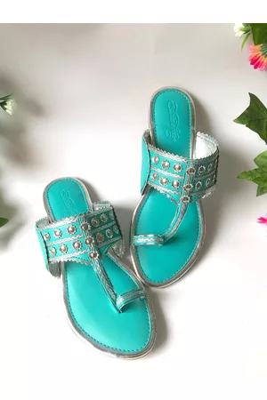 Sole House Women Turquoise Blue Filigree Kolapuri One Toe Flats