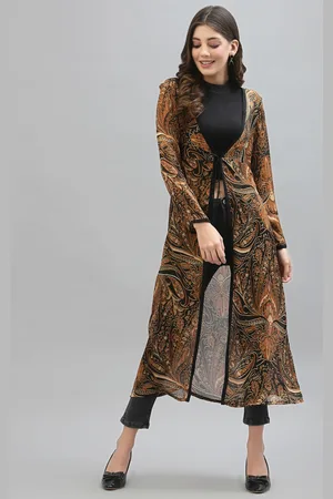 KASSUALLY Women Rust & Black Printed Longline Tie-Up Shrug