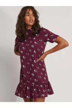 NA-KD Burgundy & White Floral A-Line Dress