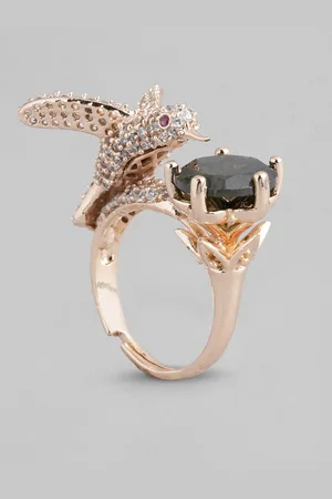 I Jewels Green Rose Gold Plated Bird Design CZ American Diamond Adjustable Finger Ring