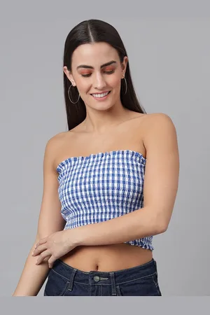 Finsbury Blue & White Checked Smocked Tube Crop Top