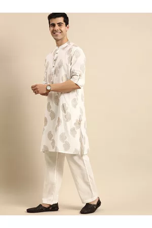 Anouk Men Off White Ethnic Motifs Printed Pure Cotton Kurta with Pyjamas