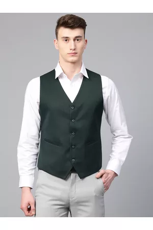 MANQ Men Green Solid Slim Fit Single-Breasted Waistcoat