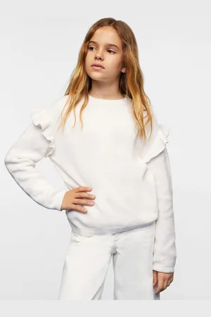 MANGO Girls White Solid Pure Cotton Pullover with Ruffles