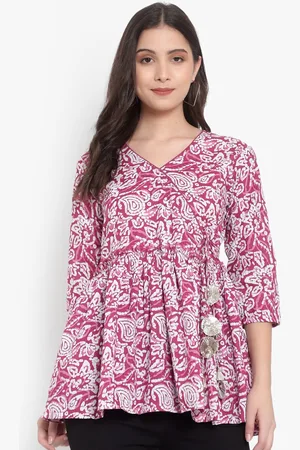 indietoga Women Plus Size Pink Hand Block Printed Pure Cotton Tunic