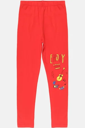 KiddoPanti Girls Red Printed Ankle-Length Leggings
