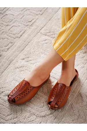 SHEZONE Women Tan Leather Mules with Laser Cuts